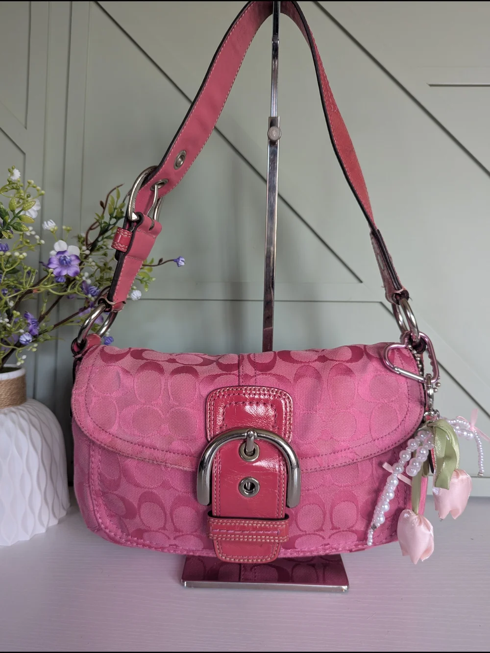 Coach Pink Signature Shoulder Bag with Buckle and Charm